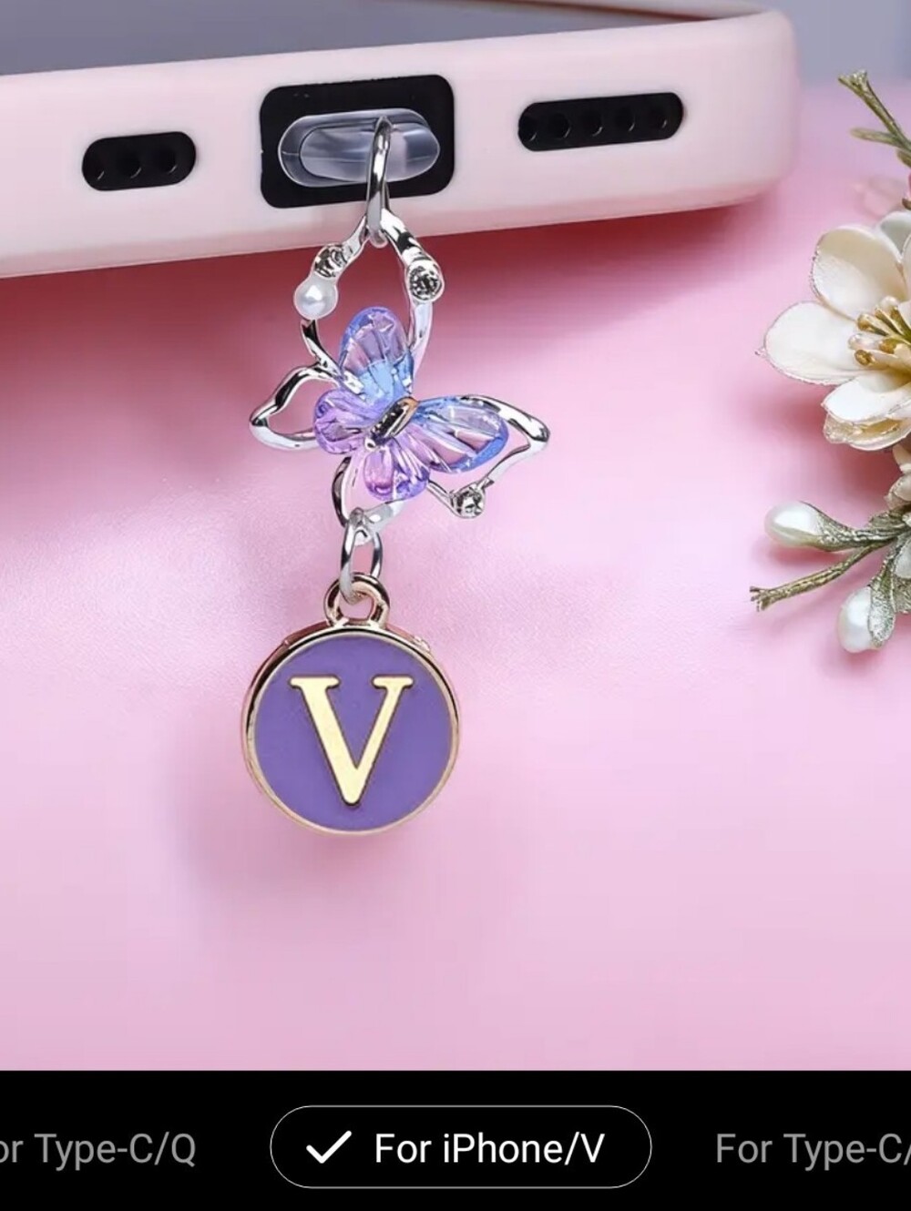 Dust Plug Personalized Purple Butterfly iPhone Charm w Gold & Purple 'V' Pendant